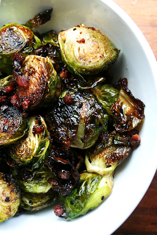 A bowl of balsamic-roasted Brussels sprouts.