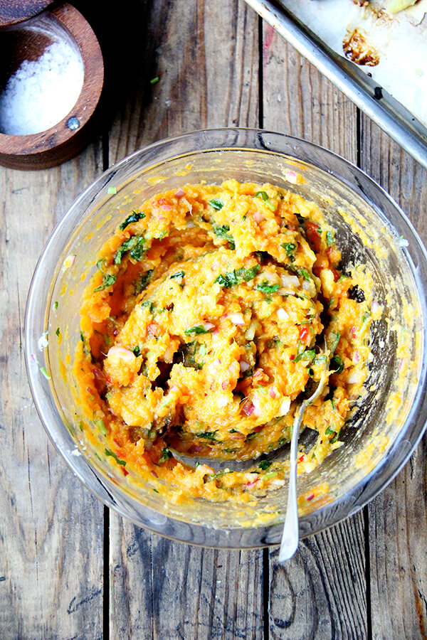 Mashed sweet potatoes with chilies, lime, and cilantro.