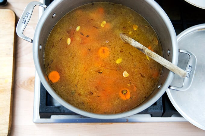 Carrots, water, saffron, onions, almonds simmering.
