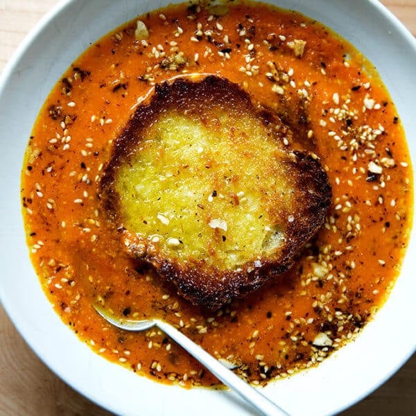 Saffron and Carrot Soup with Olive Oil Toasted Bread and Toasted Almond Dukkah —Yum.