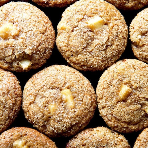 Apple orchard muffins with turbinado sugar crust.