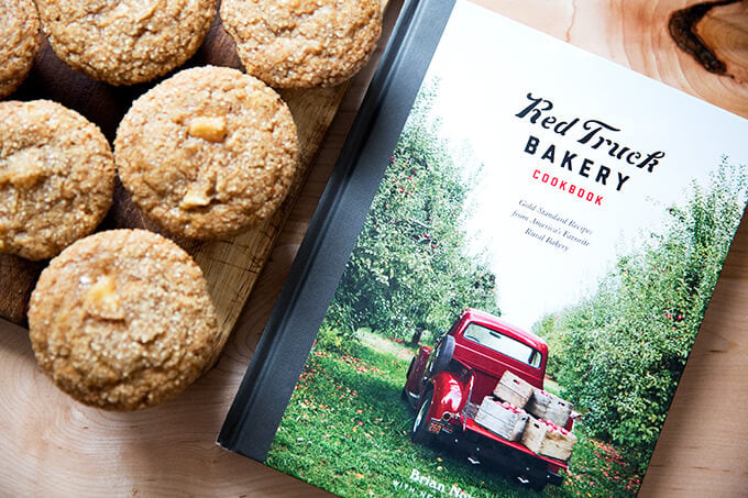The Red Truck Bakery cookbook with apple orchard muffins with turbinado sugar crust.