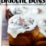 A brioche cinnamon bun, frosted.