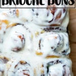 Brioche cinnamon buns in 9-inch square baking dish.