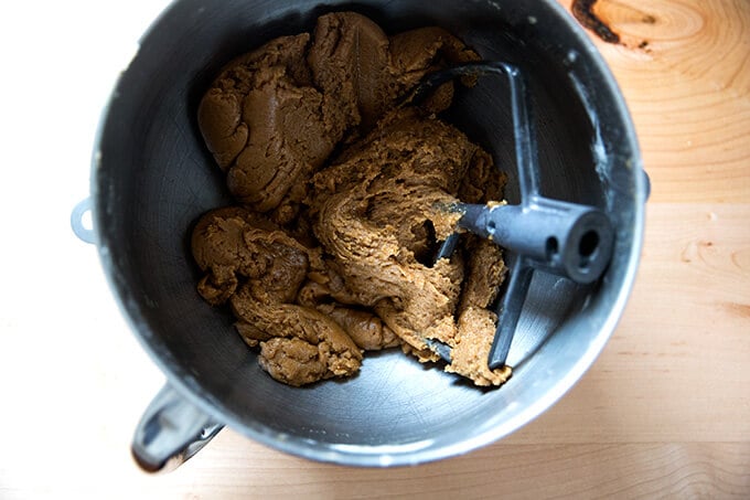 Spiced brown butter cookie dough all mixed in a stand mixer.