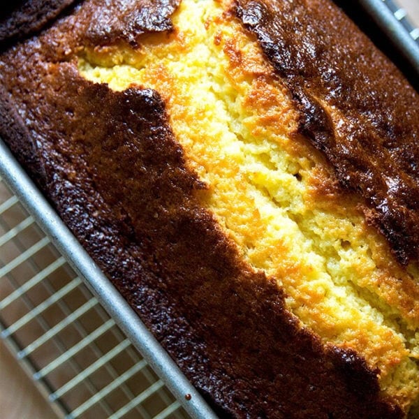 just-baked orange-ricotta pound cake — this is a one-bowl cake, flavored with orange zest and orange liqueur, made with butter (as opposed to oil). It stays moist for days and makes a wonderful gift.