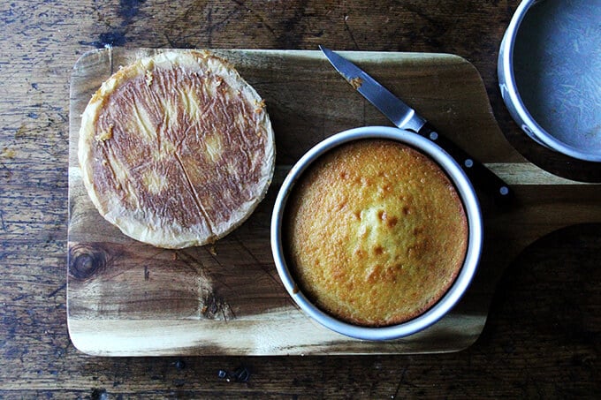 One-Bowl Buttermilk Birthday Cake on a board removed from cake pan. 