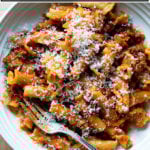 A bowl of Instant Pot spaghetti and meat sauce.
