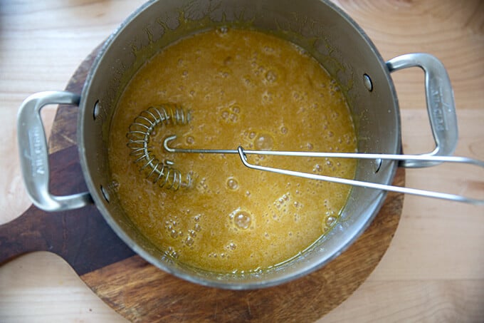 butter, sugar, eggs, whisked