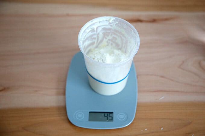 feeding the sourdough starter with flour