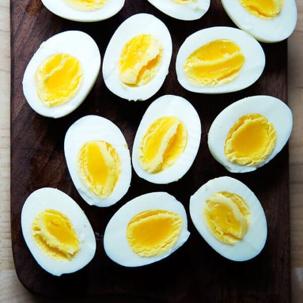 Six Perfect Instant Pot hard-boiled eggs, halved