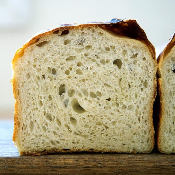 Crumb shot of sourdough sandwich (or toasting) bread.