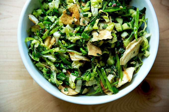 Spring fattoush salad on the table, ready to be served.