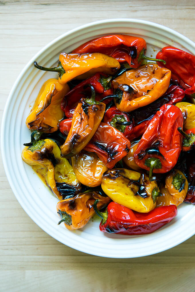 A bowl of just-roasted peppers.