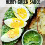 Sourdough toast topped with green sauce and 7-minute eggs.
