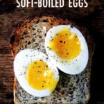 A piece of toast topped with instant pot soft-boiled eggs.