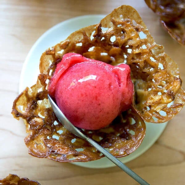 strawberry sorbet in cookie cup