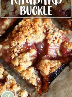 Just-baked rhubarb buckle.