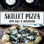 Skillet pizza with kale and mushroom.