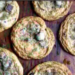 A sheet pan of thin and chewy chocolate chip cookies.