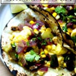 Egg tacos withBreakfast tacos with Caramelo tortillas and roasted corn and poblano salsa.