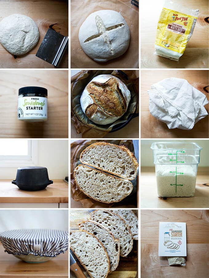 A montage of images that together amount to essential tools for sourdough bread baking. 