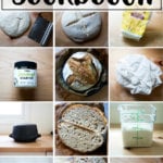 A montage of images depicting sourdough bread baking essential tools.
