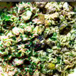 An overhead shot of a skillet with lemon, orzo, chicken and artichoke hearts.