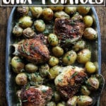 An overhead shot of a platter of sheetpan chicken and potatoes.