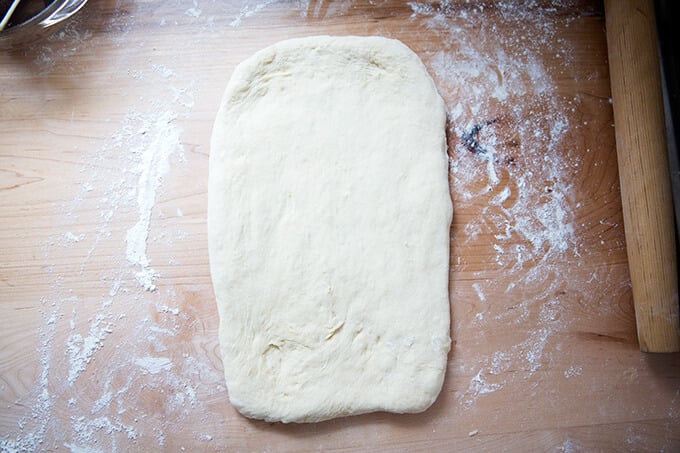 Brioche dough rolled out into a rectangle.