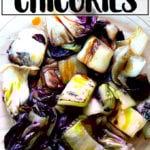 A plate of sautéed endive and radicchio with chile oil.