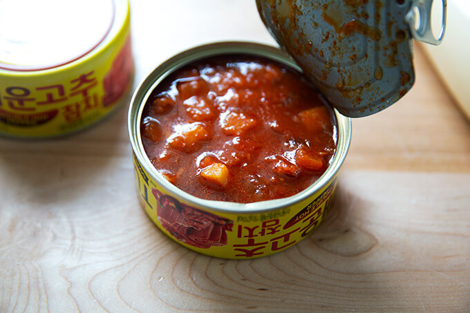 An open tin of Korean double hot tuna.