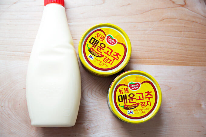 Kewpie mayonnaise and two tins of Korean double hot tuna.