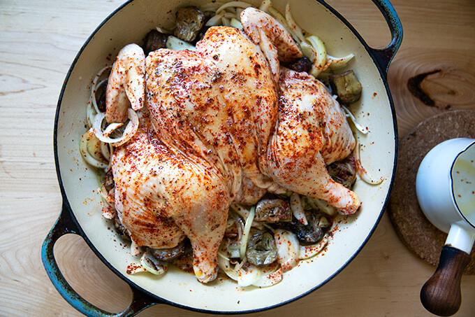 Seasoned chicken ready for the oven.