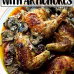 A platter of roast chicken with dates and artichoke hearts.