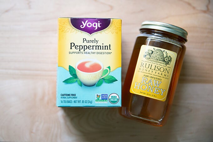 Peppermint tea + honey. 