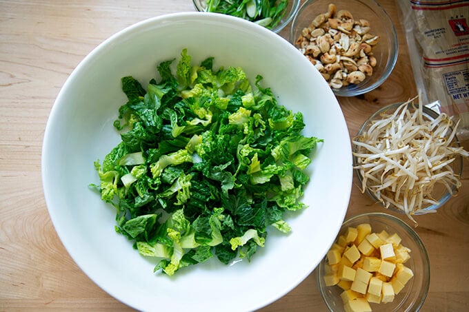 Chopped Romaine in a bowl.
