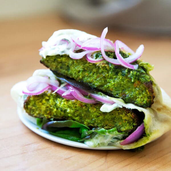 Falafel burgers on a plate.