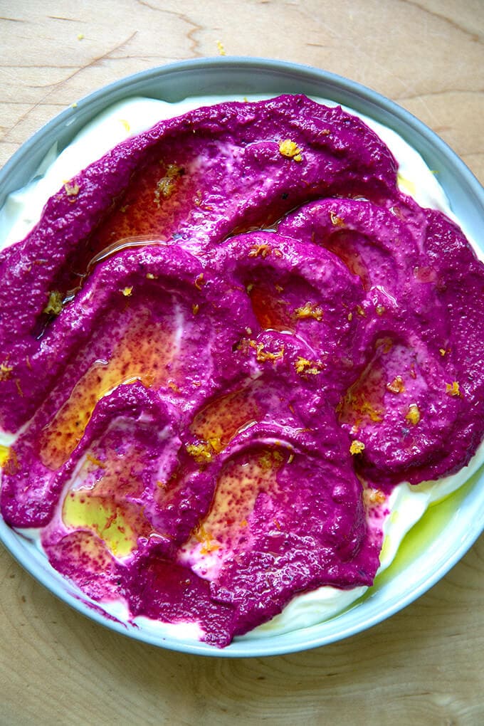 Raw beet dip over Greek yogurt.