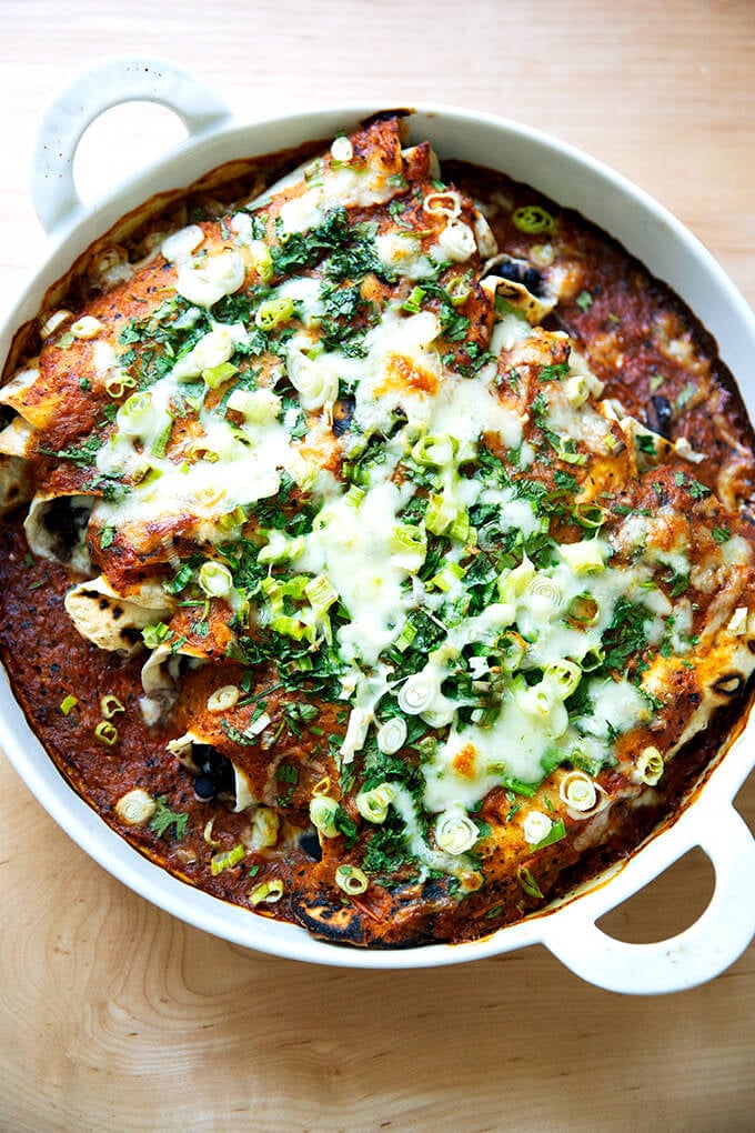 Just baked vegetarian bean and cheese enchiladas.