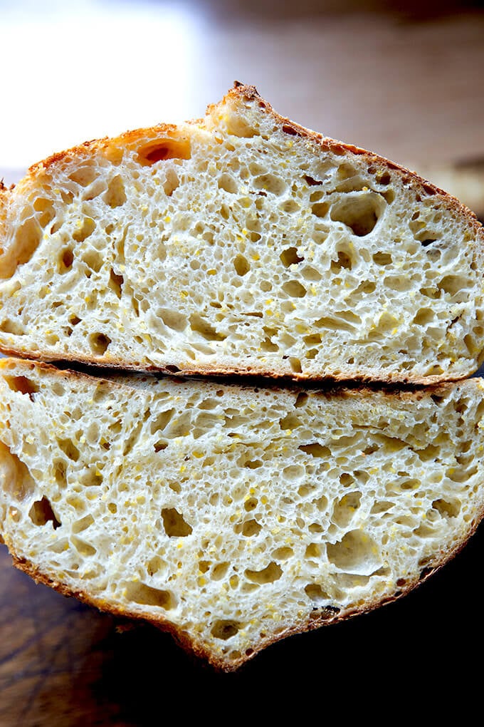 A halved loaf of sourdough bread.