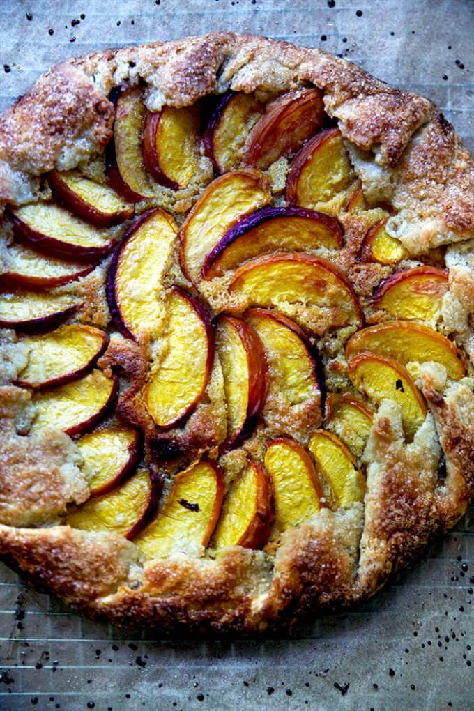 A just-baked peach-frangipane galette.