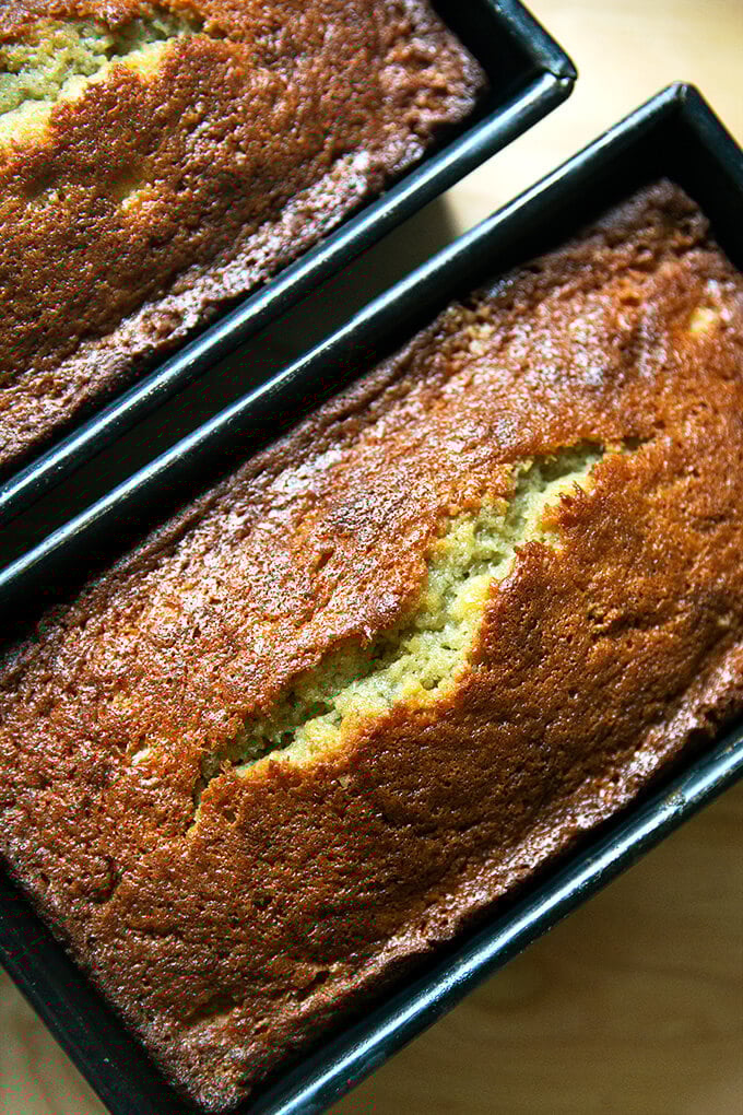 Just baked banana bread still in loaf pans.