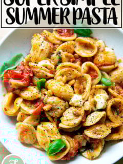 A bowl of pasta tossed with cherry tomato sauce, pine nuts, basil and mozzarella.