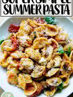 A bowl of pasta tossed with cherry tomato sauce, pine nuts, basil and mozzarella.