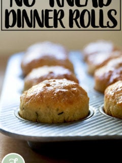Just-baked thyme dinner rolls in a muffin tin.