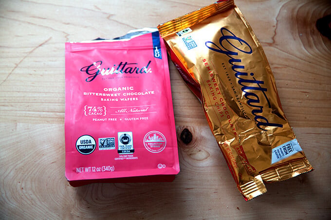 Two bags of chocolate chips: dark and milk.