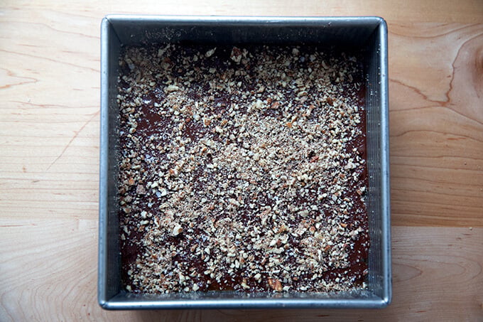 Chocolate covered toffee in a 9-inch pan covered with ground pecans.