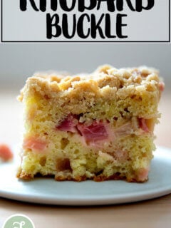 Rhubarb buckle on a plate.
