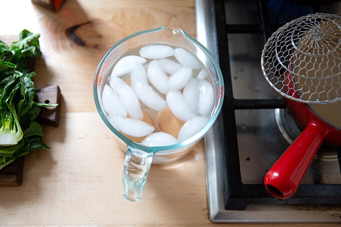 Eggs in an ice bath. 